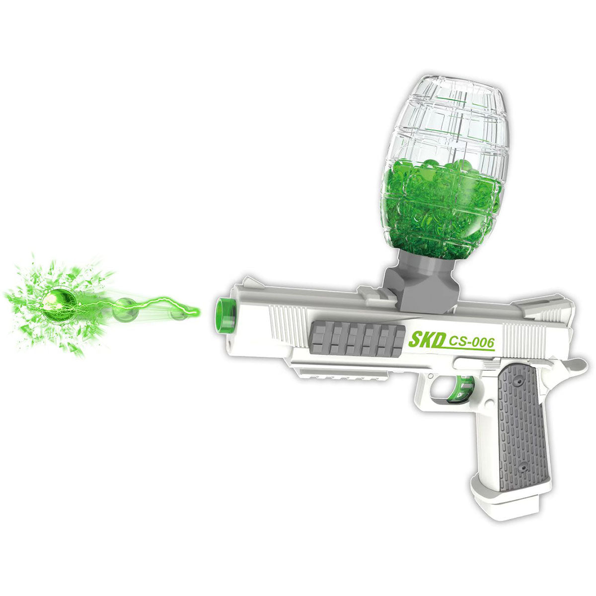 SKD CS006S M1911 Pistol Electric Gel Blaster shooting green gel beads with top-mounted ammo container, ideal for outdoor toy battles.